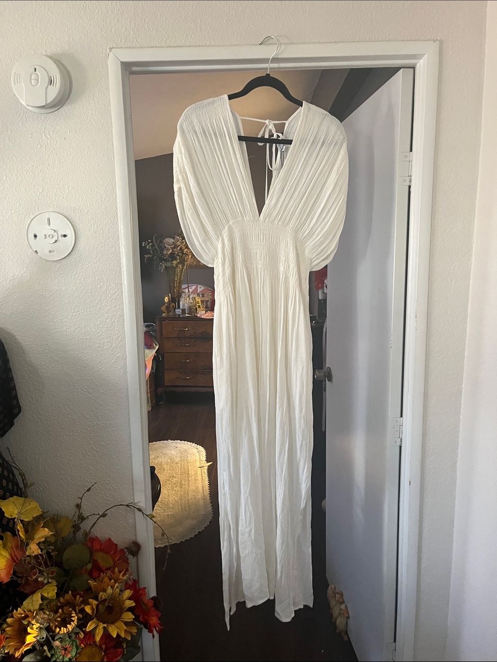White Plunging V-Neck Maxi Dress with Tie-Back